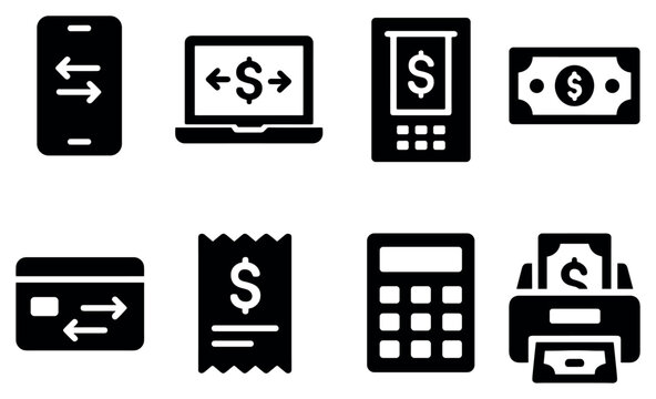 Finance icons with mobile laptop card reader flat