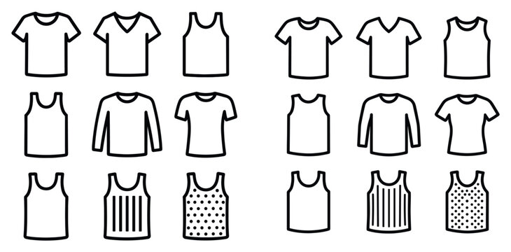 Apparel icons with t shirt tank top long sleeve outline minimal