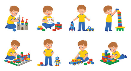 Collection of illustrations showing child building towers and structures with plastic bricks. Toddler playing with rocket ship car and robot creating imaginative stories with construction toys.