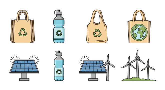 Vector icon set of sustainable lifestyle items featuring reusable cloth shopping bags, water bottles with recycle symbols, solar panels, and wind turbines representing renewable energy.