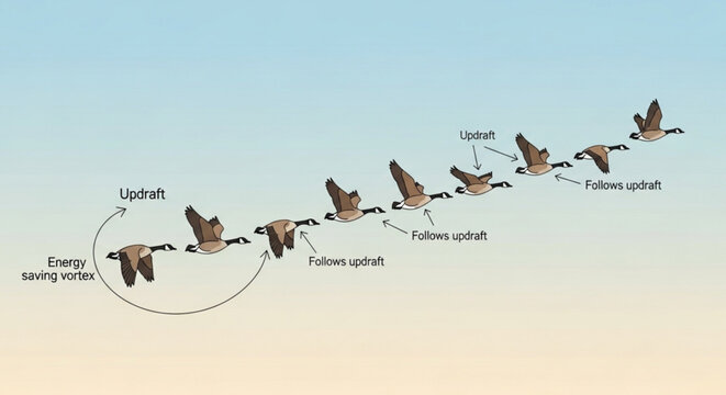 Diagram showing Canada geese flying in V formation using energy saving vortex and updraft for efficient bird migration path vector illustration