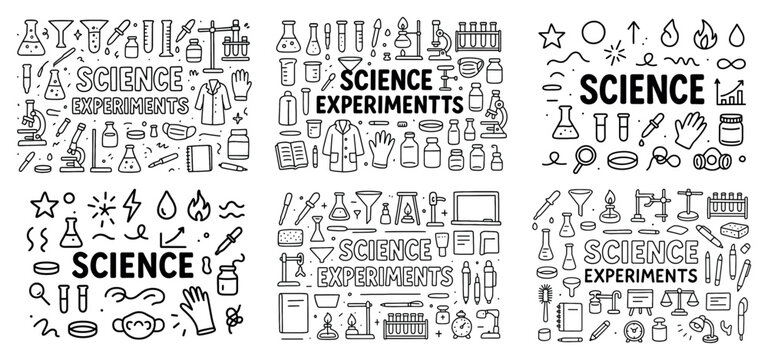 Science experiments doodles and lab equipment illustrations