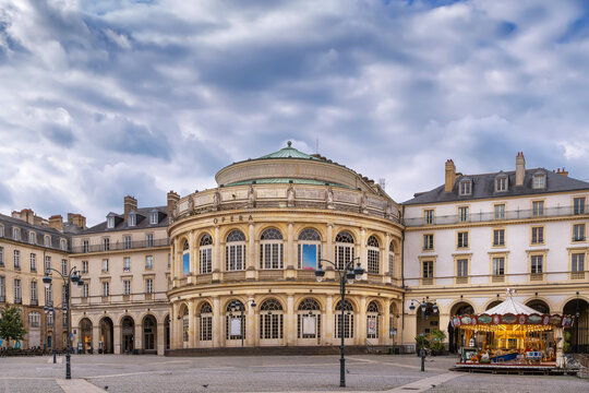 Rennes Opera House in Rennes France facade exterior view. Neoclassical architecture under a cloudy overcast sky