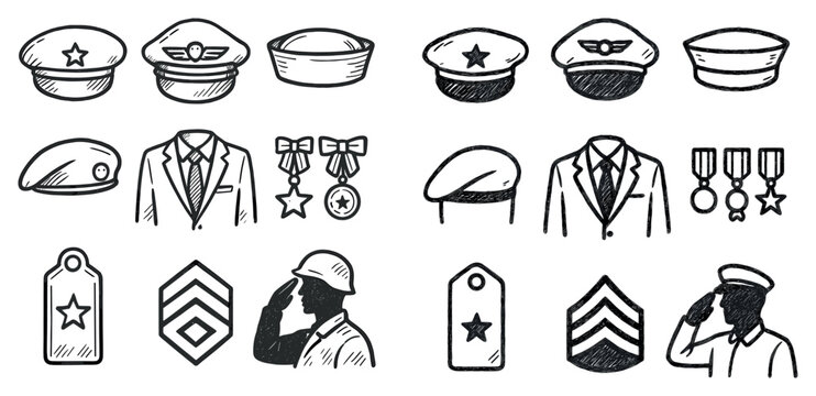 Military icons with cap medal soldier sketch hand drawn