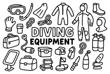 Obraz premium Diving equipment icons with wetsuit mask tanks outline