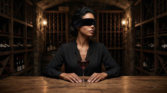 Blindfolded woman with wine. A sensory journey of taste. Mystery.