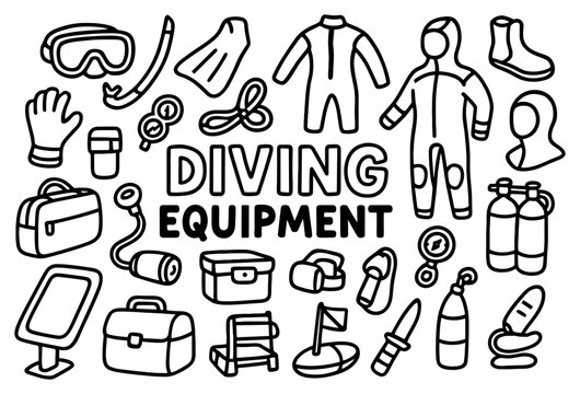 Diving equipment icons with wetsuit mask tanks outline