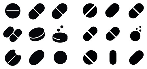 Fototapeta premium Medicine icons with pill capsule and tablet minimal silhouette