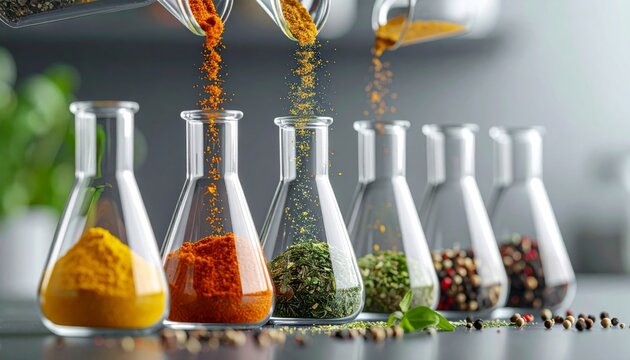 Colorful Spices Being Poured into Glass Beakers.