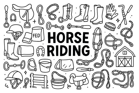 Equestrian icons with saddle bridle horseshoe rope doodle outline