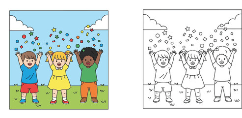 Fototapeta premium Cheerful Group of Diverse Children Throwing Colorful Shapes in the Park, Cartoon Illustration and Outline Coloring Version for Kids Activities and Coloring Book Projects