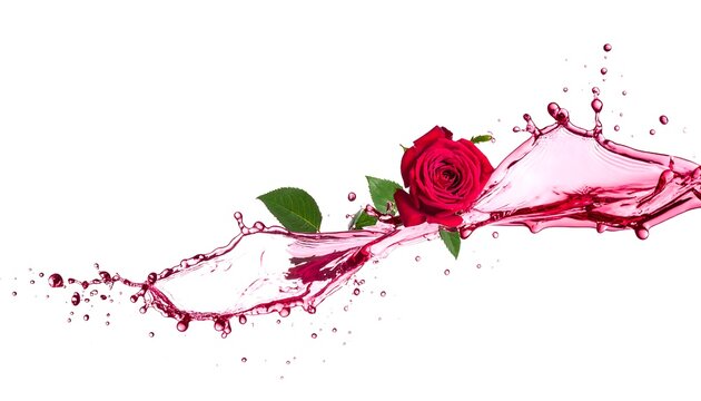 A vibrant red rose with green leaves is artfully placed amongst a splash of ruby liquid, isolated on white