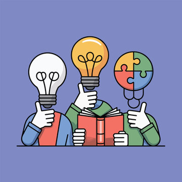 Colorful illustration of three stylized lightbulb characters holding books, representing education, problem-solving, and creative thinking. Ideal for business, learning, and motivational content.