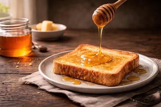 Golden Honey Dripping on Toasted Bread Slice for Healthy Breakfast