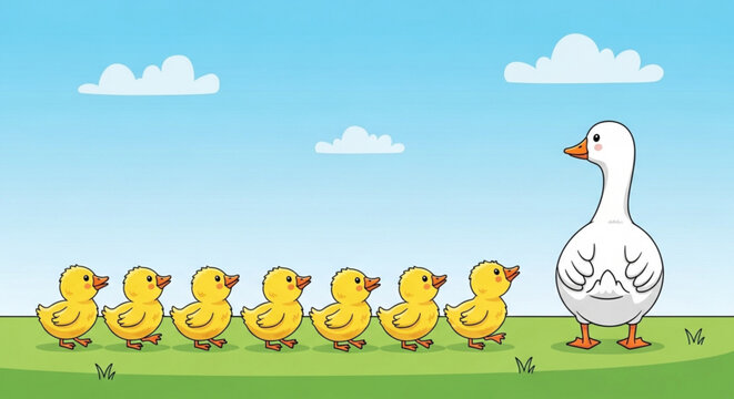 Cartoon illustration of a mother goose leading her line of fluffy yellow goslings across a grassy meadow under a clear blue sky