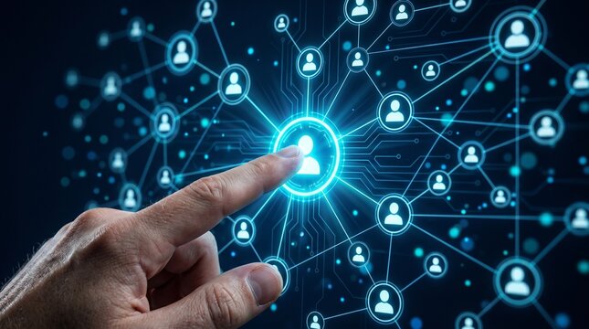 Digital Connectivity: A person's finger hovers over a glowing icon, representing the network of individuals, highlighting the power of connection in the digital age.
