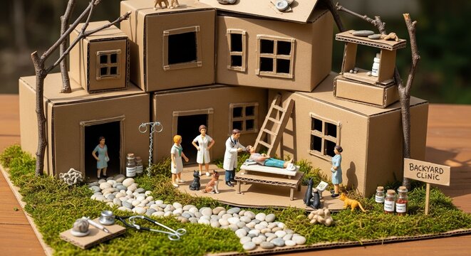 A creative DIY toy medical center built from brown cardboard boxes. Small plastic figurines of doctors and nurses are treating a patient on a miniature stretcher outside.