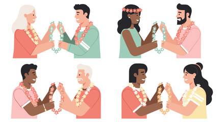 Diverse group of people exchanging traditional Hawaiian flower leis. Celebrating lei day with smiles and colorful floral garlands. Aloha spirit greeting and cultural exchange. © SADIKUR