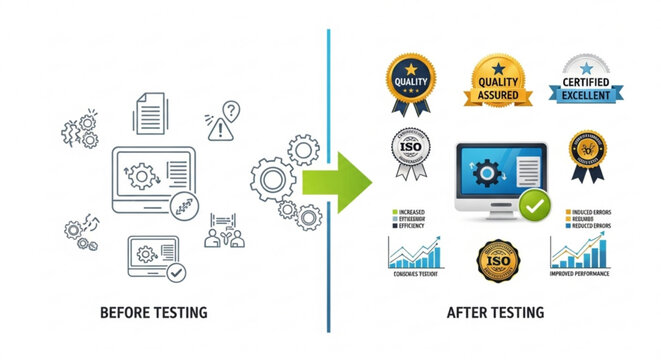 Professional software quality assurance testing infographic showing before and after process improvements with icons and performance certification medals