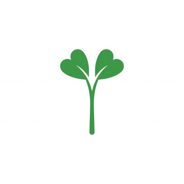 Simple green two-leaf plant illustration, growing sprout representing new life and nature.