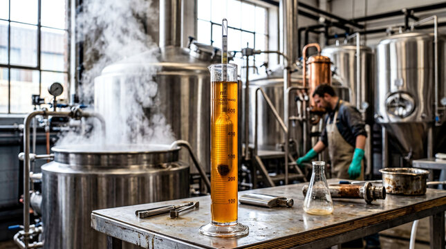 Glass Hydrometer Floating in Amber Brewing Wort in Graduated Cylinder