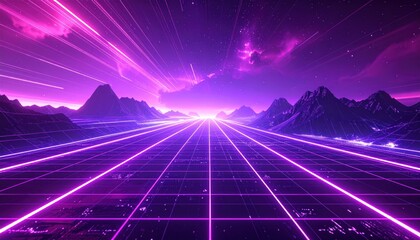 Retro futuristic landscape with neon grid and purple sky.