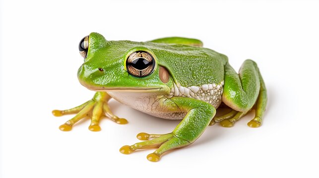Vibrant Green Tree Frog Close-up: Detailed Texture and Striking Eyes on White Background