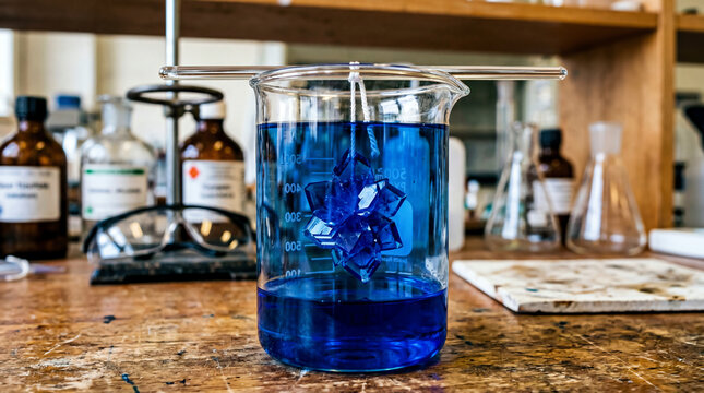 Copper Sulfate Crystal Grown on Nylon String in Beaker