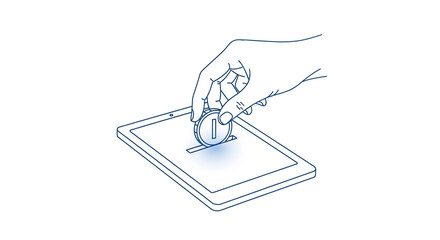 Obraz premium Line drawing of a hand inserting a coin into the slot of an electronic device screen, symbolizing digital payment transactions, online donations, or e‑transactions in white background