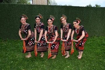 Fototapete Tanzschule Five female dancers in colorful costumes dancing Indian dances in the park  © Шамиль Алиев