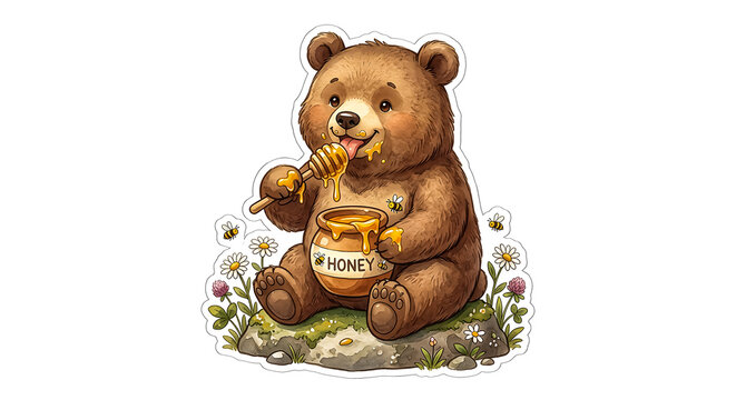 Cute Brown Bear Eating Honey from a Pot Sticker Illustration
