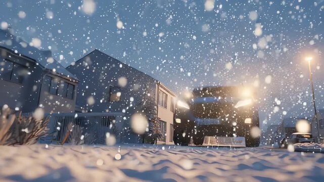snowfall at dusk in suburban neighborhood with blue houses warm streetlights and fresh snow