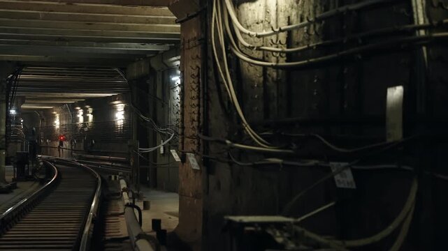 Curving subway tunnel with dim industrial lighting, exposed electrical cabling, concrete support beams, a glowing red signal, and steel tracks beside maintenance walkways.