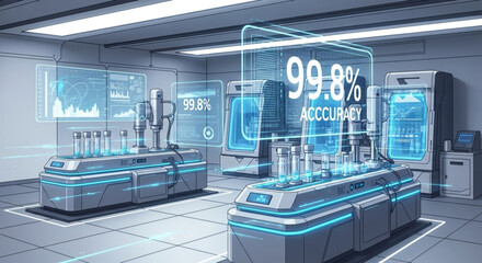 Obraz premium Modern laboratory interior with high tech robotic equipment and digital holographic displays showing ninety nine point eight percent accuracy