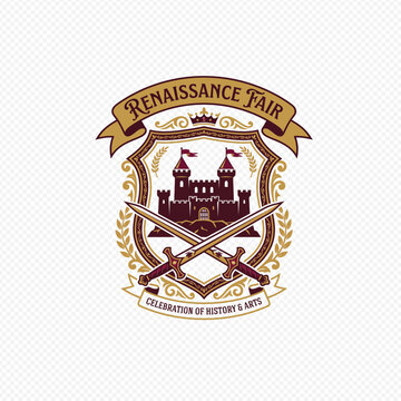 Renaissance fair emblem featuring a castle silhouette and crossed swords on a shield