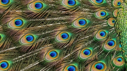 Obraz premium A vibrant display of peacock feathers with colorful eyespots and intricate patterns