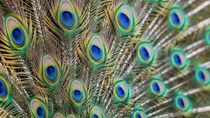 Obraz premium A vibrant display of peacock feathers with blue and green eyespots