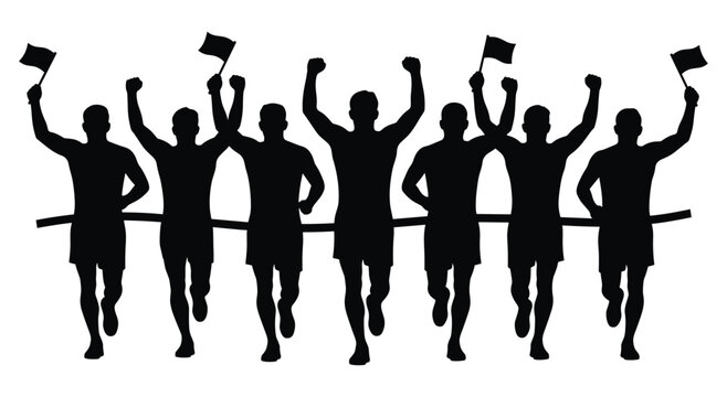 Athletic people running towards camera celebrating victory with flags and raised arms, black silhouette group of joggers participating in race or sport event on minimalist white background.
