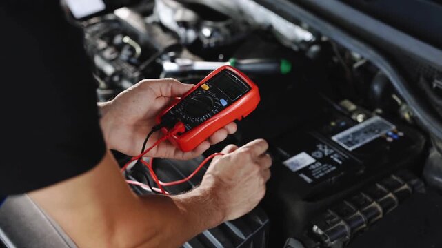 A person using a multimeter to test a car battery voltage