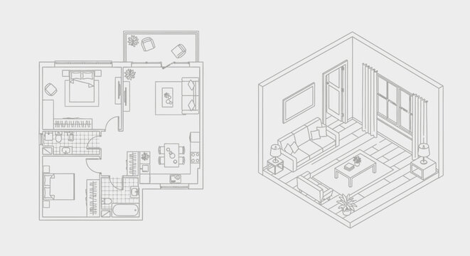 Detailed architectural floor plan and isometric interior design rendering of a modern living space.