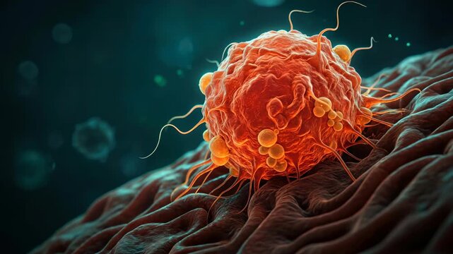 Cinematic 3D animation of a microscopic virus cell or cancer pathogen floating in a biological fluid environment with glowing particles and organic textures for medical research.