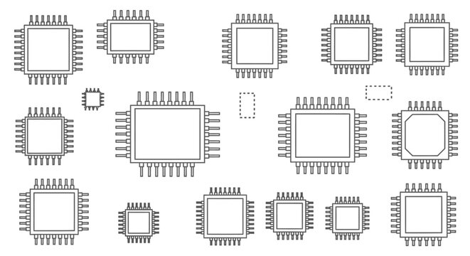 A collection of various integrated circuit (IC) chip outlines, showing different package sizes and pin configurations for electronic components.