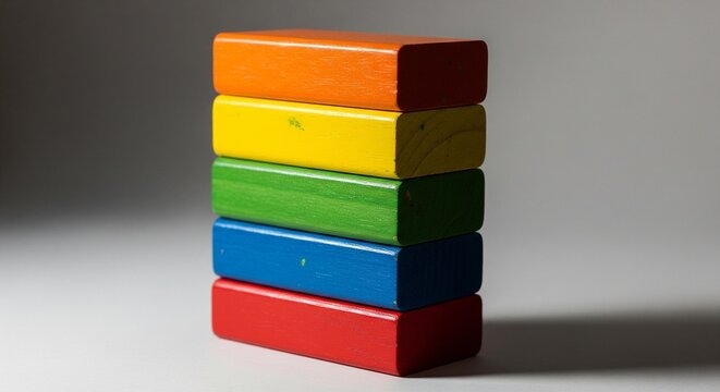 A vertical stack of five colorful rectangular wooden blocks. The colors are orange, yellow, green, blue, and red, shown with soft lighting and a grey background.