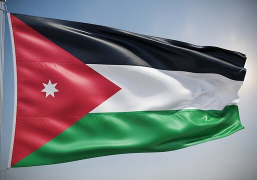 The national flag of Jordan waving proudly against a clear blue sky on a sunny day