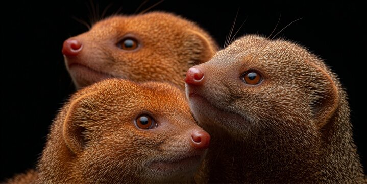 Dwarf mongoose trio portrait on black background for wildlife documentary thumbnail and zoo education banner