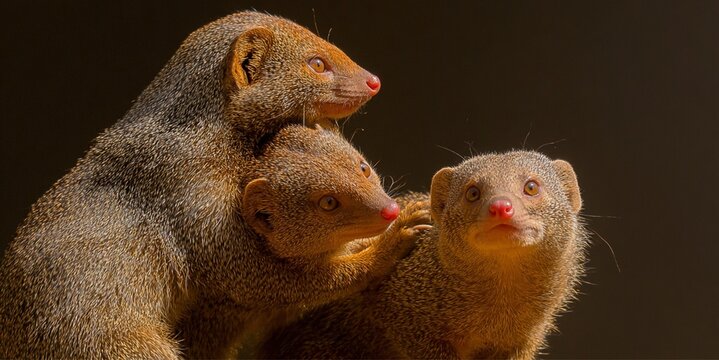 Dwarf mongoose family portrait in warm light for animal behavior poster and wildlife conservation presentation