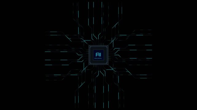 Concept: Advanced AI Processor initializing a neural network by transmitting cyan pulses. Central core illuminating as circuit traces expand across dark cyberspace.
