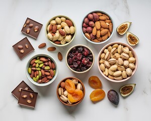 Obraz premium Title: Various types of nuts dried fruits and chocolate pieces in bowls on a white marble surface with fresh figs