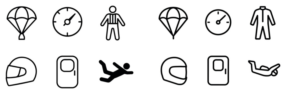 Skydiving icons with parachute helmet jumper outline