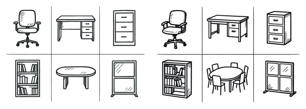 Office icons with chair desk drawer outline